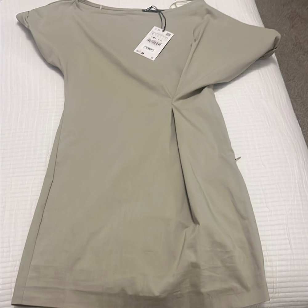 Elegant Zara Asymmetrical shoulder  Mini Beige Dress